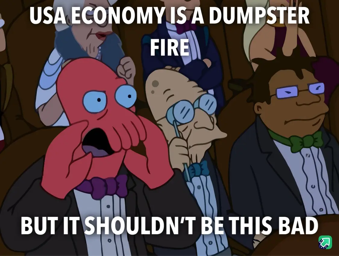 An image from the animated show Futurama shows a red octopus character in a tuxedo with a shocked expression, hands over…