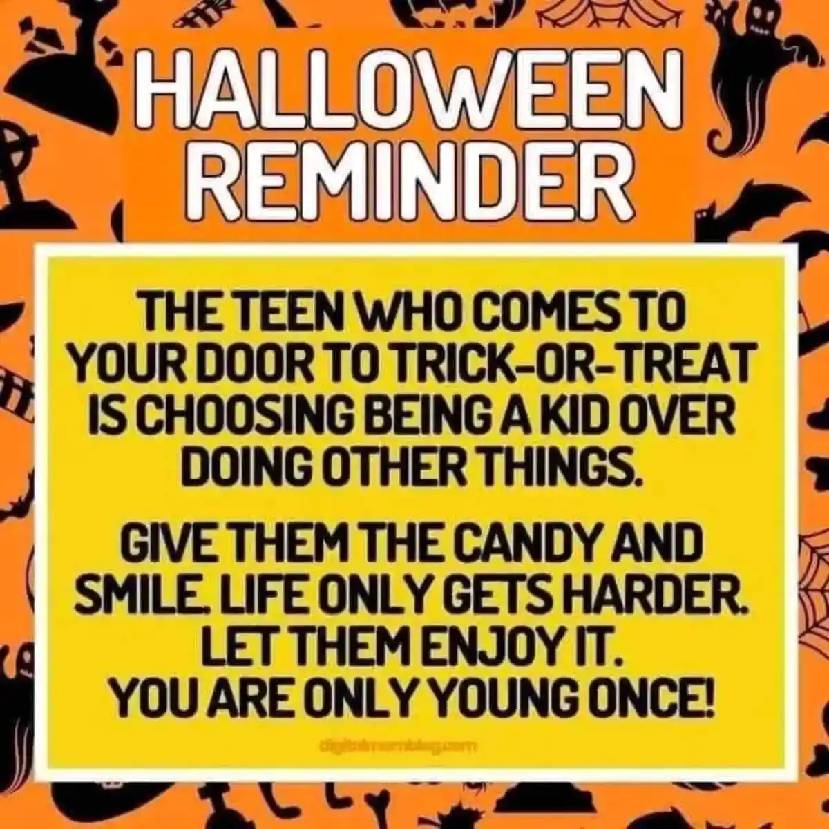 An orange Halloween-themed image with black spooky silhouettes like ghosts, bats, and pumpkins. A large yellow box contains…