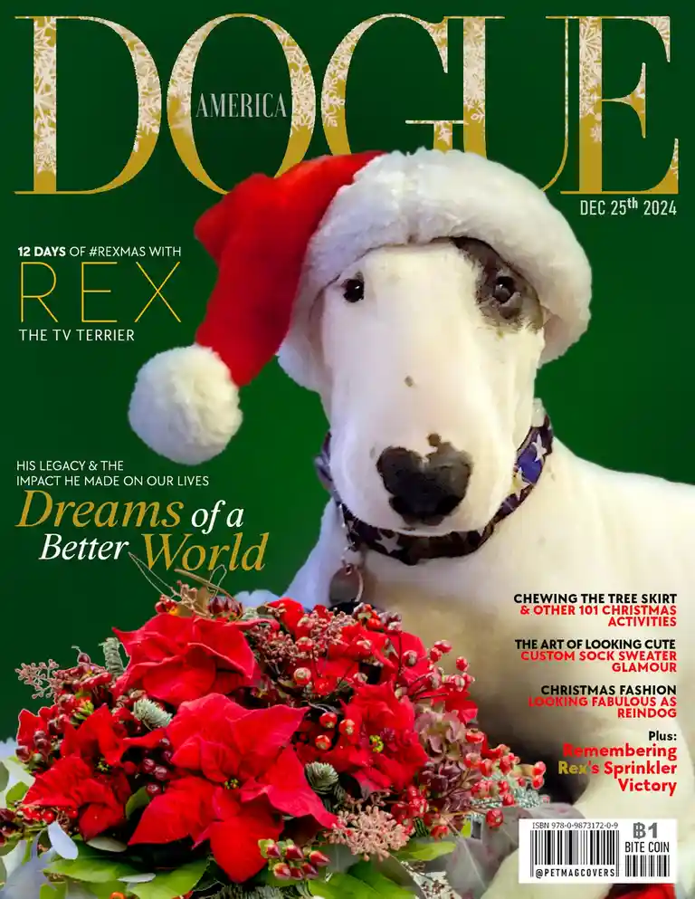 A dog wearing a red and white Santa hat is featured on a magazine cover parodying Vogue America, dated December 25th, 2024…