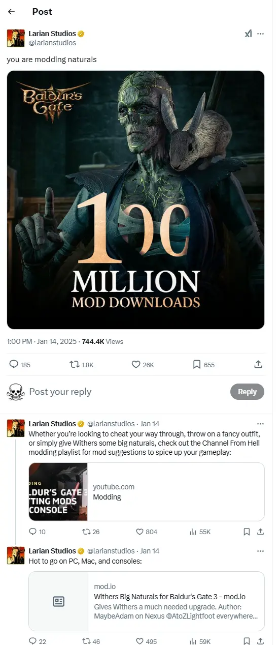 An image from Larian Studios' Twitter post celebrating 100 million mod downloads for Baldur's Gate 3, featuring a skeletal…