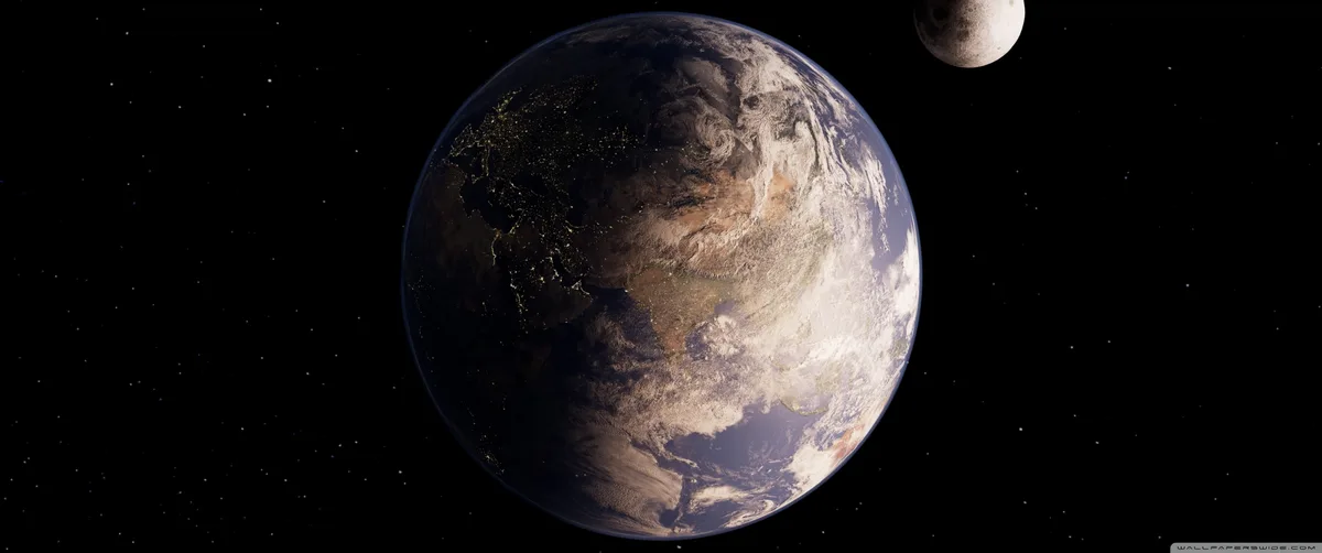 A realistic space view of Earth at night, showing illuminated city lights over continents and swirling clouds, with the Moon…