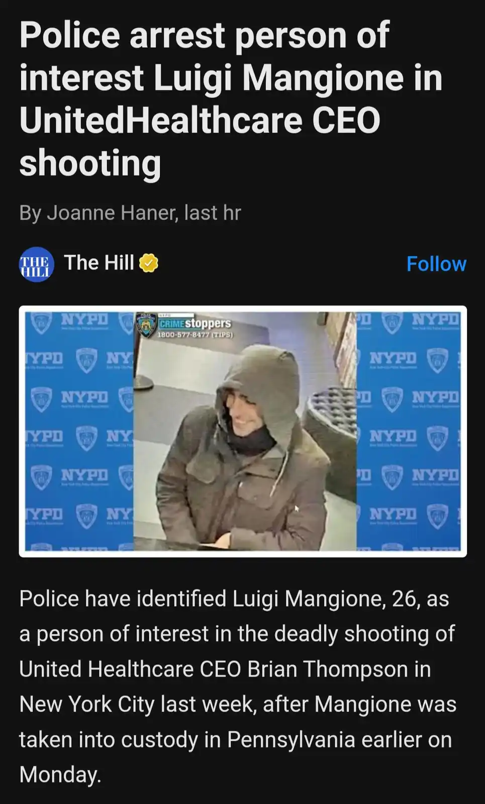 A screenshot of a news article from The Hill shows a photo of Luigi Mangione, a man in a dark hooded jacket, smiling while…