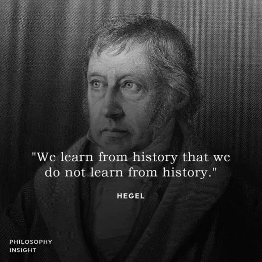 A black-and-white portrait of a man with gray hair and a serious expression, overlaid with the text: 'We learn from history…