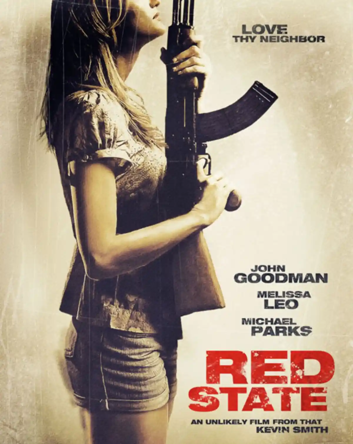 A sepia-toned movie poster for 'Red State' shows a woman in casual clothes holding an assault rifle, with the tagline 'LOVE…
