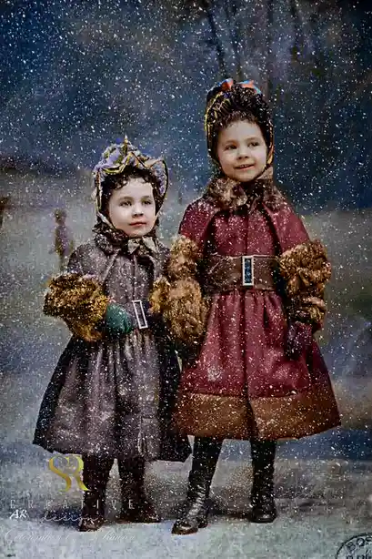 Two vintage-style children in heavy winter coats with fur trim and hats stand in a snowy scene, one looking solemnly while…