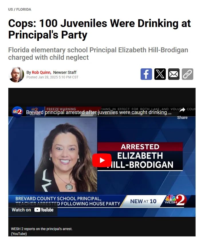 A screenshot of a news article about Florida elementary school principal Elizabeth Hill-Brodigan being arrested for child…
