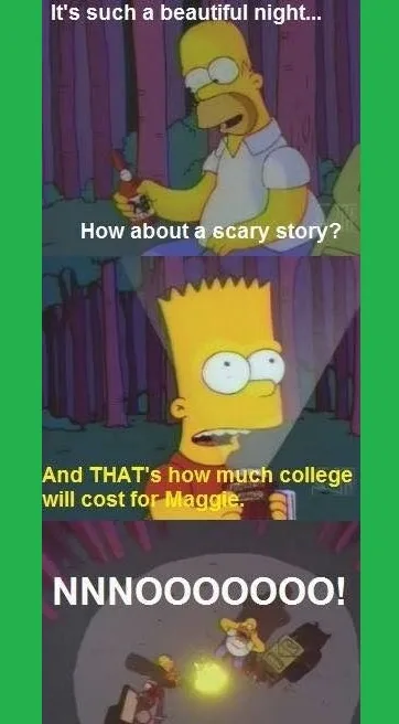 A three-panel meme featuring Homer Simpson asking for a scary story, Bart Simpson telling a story about Maggie's college…
