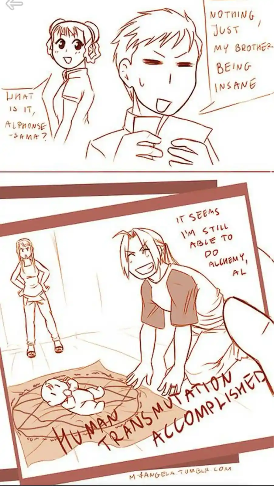 The image is a two-panel anime-style drawing. In the top panel, a girl asks Alphonse Elric what's wrong, and he replies…