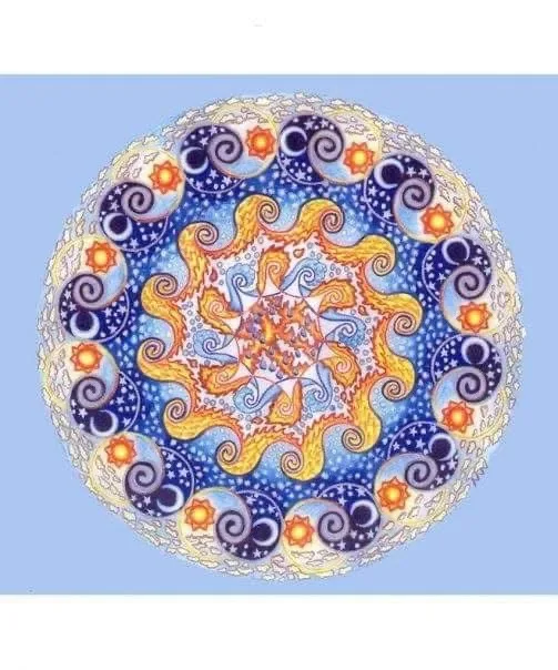 a colorful, intricate circular mandala with swirling patterns in blue, orange, and white, set against a light blue…