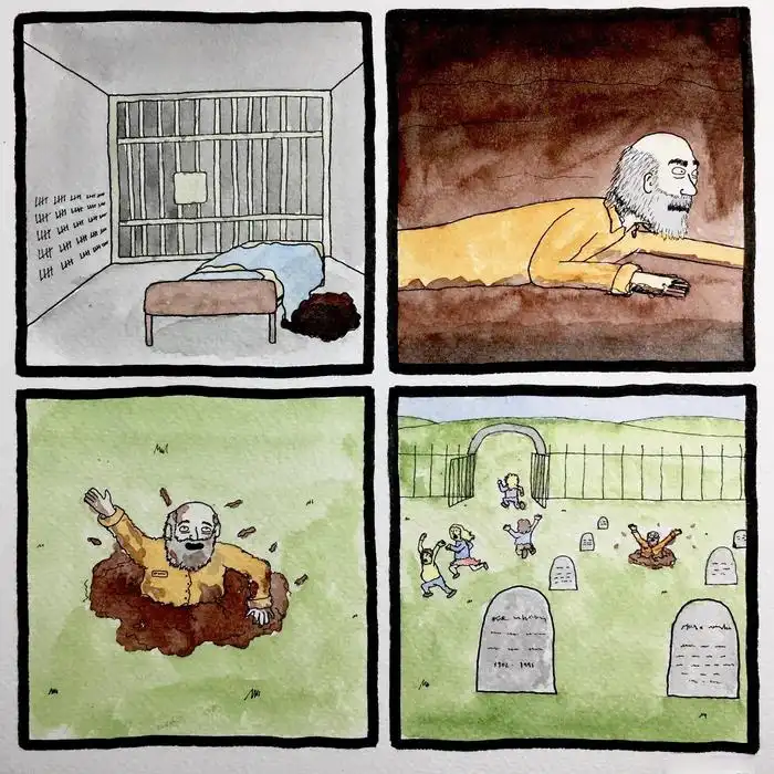 A four-panel comic strip depicts a man in a prison cell, then lying in a dark pit, then emerging from a grave, and finally…