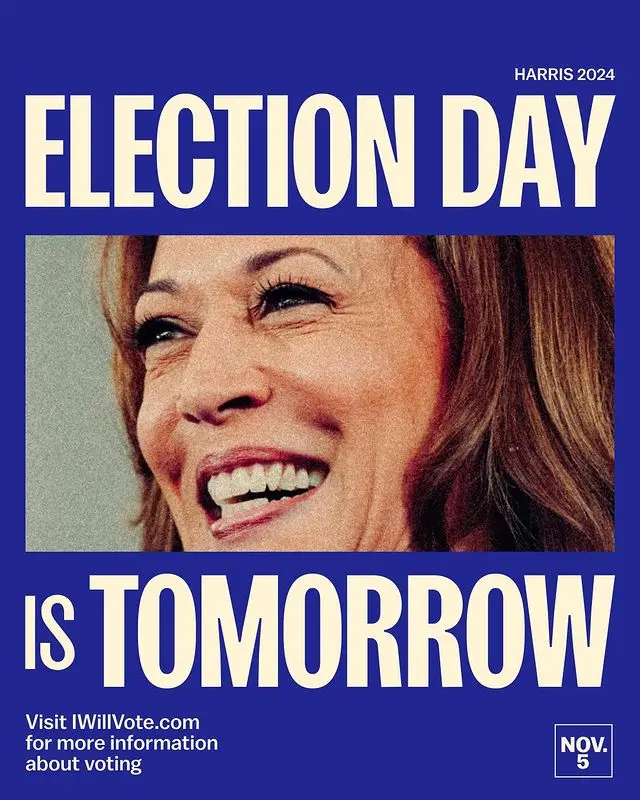 The image is a mock election poster with a blue background. It features a close-up photo of Kamala Harris smiling broadly…