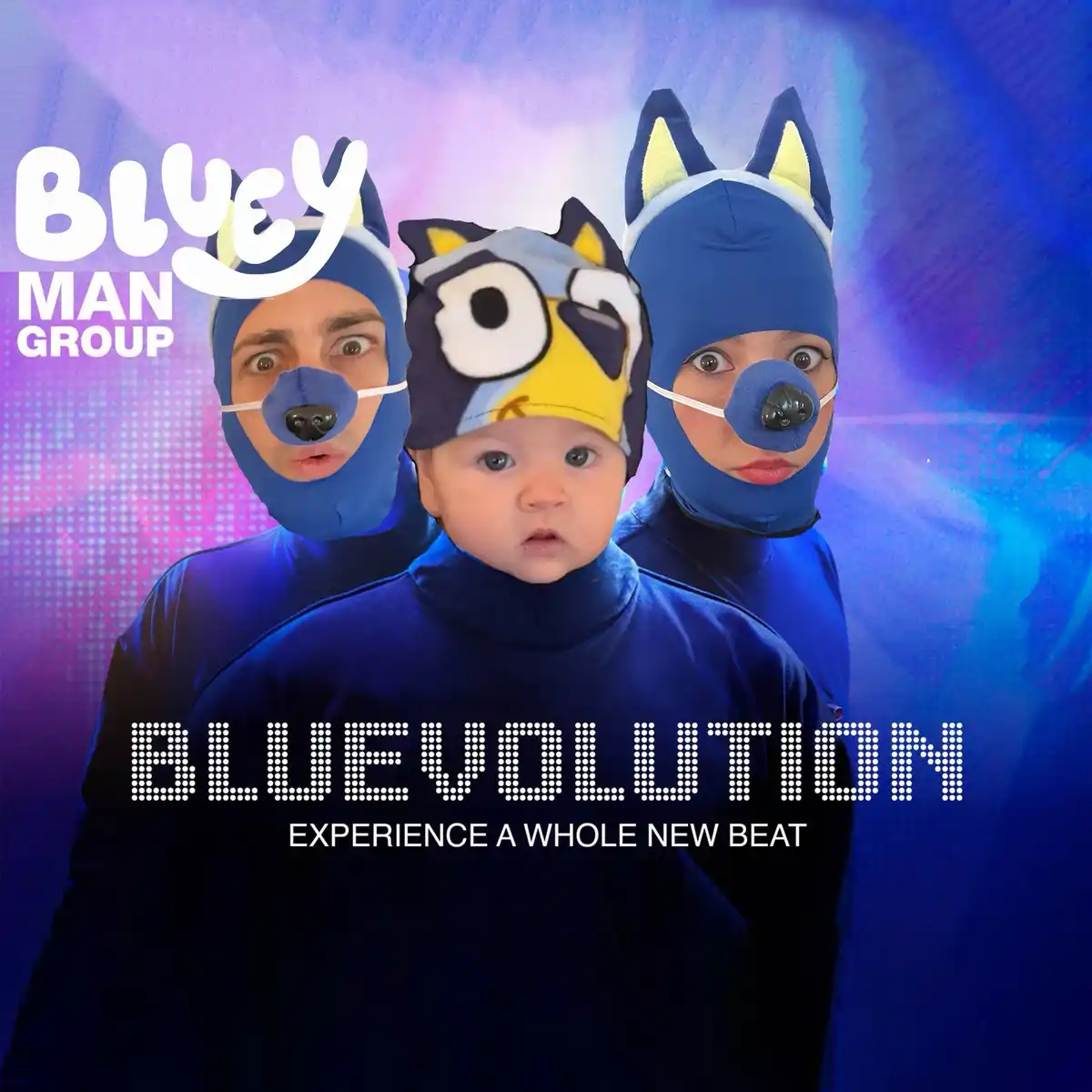 Three people and a baby are dressed in blue dog costumes with nose masks, mimicking the Blue Man Group's style, but with…