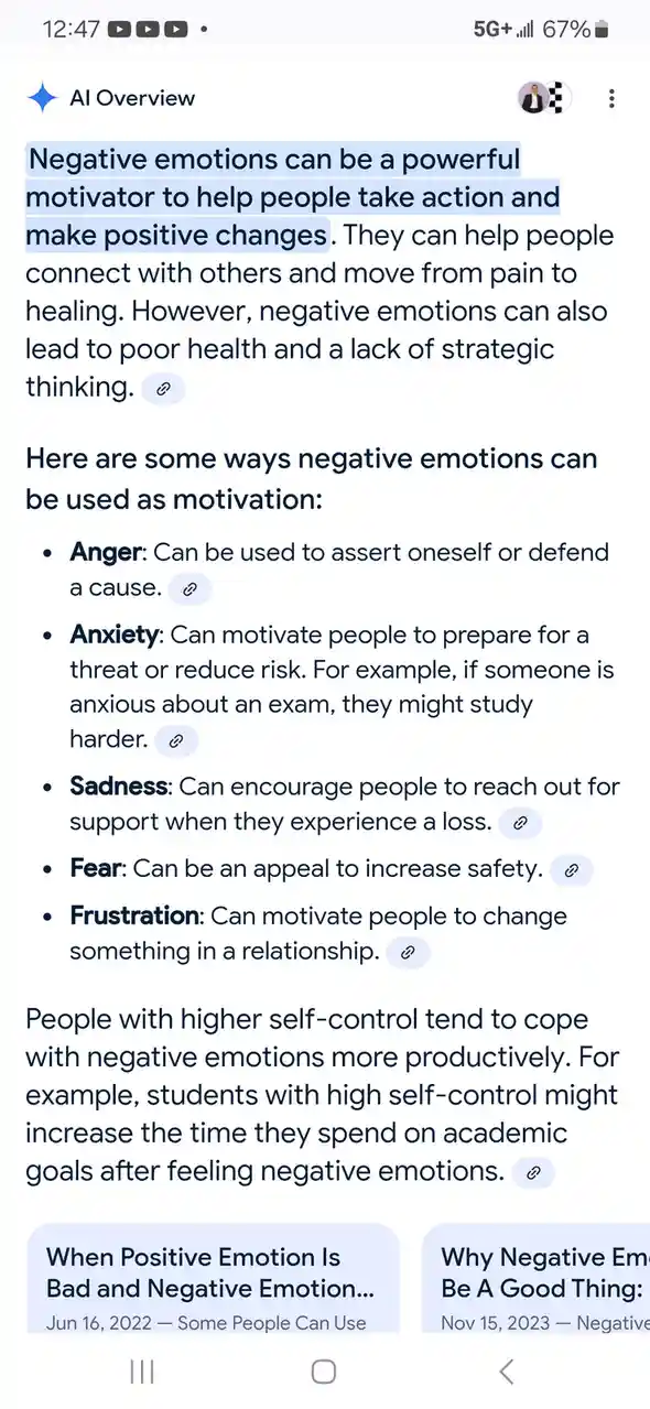 A screenshot of an AI-generated text article titled 'AI Overview' discussing how negative emotions can motivate positive…