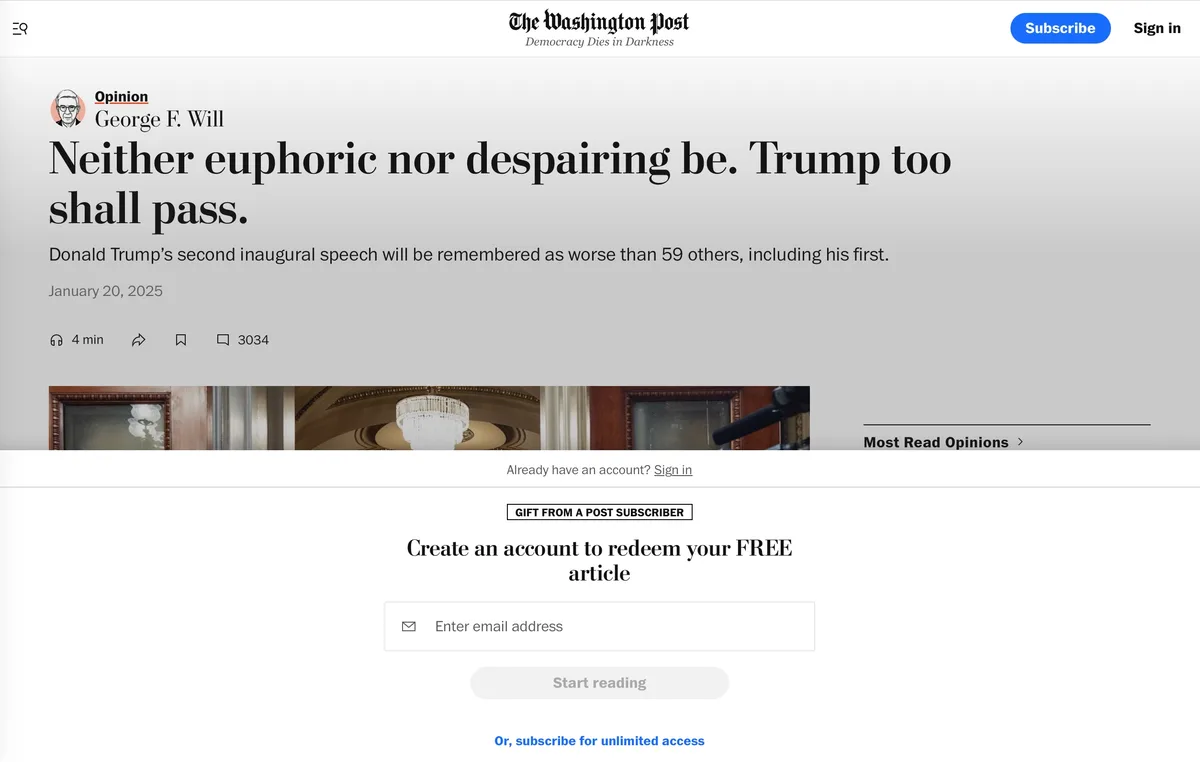 A screenshot of a Washington Post opinion article by George F. Will, titled 'Neither euphoric nor despairing be. Trump too…