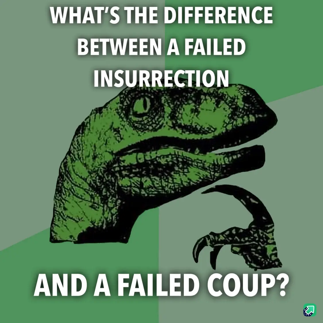 The image features the iconic 'Philosoraptor' meme template, showing a green, stylized dinosaur with a thoughtful…