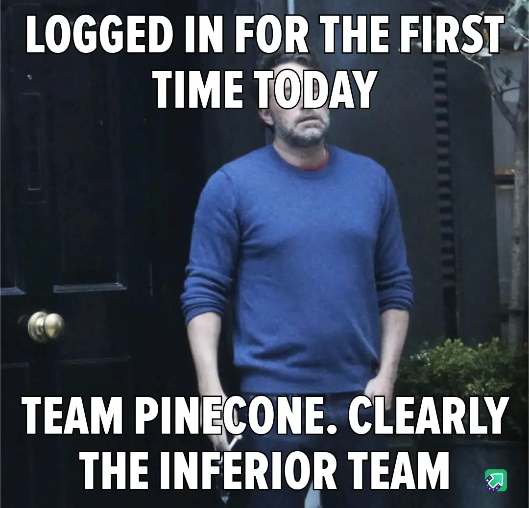 A man in a blue sweater stands in front of a dark door with a gold doorknob, looking downcast and resigned. The overlaid…