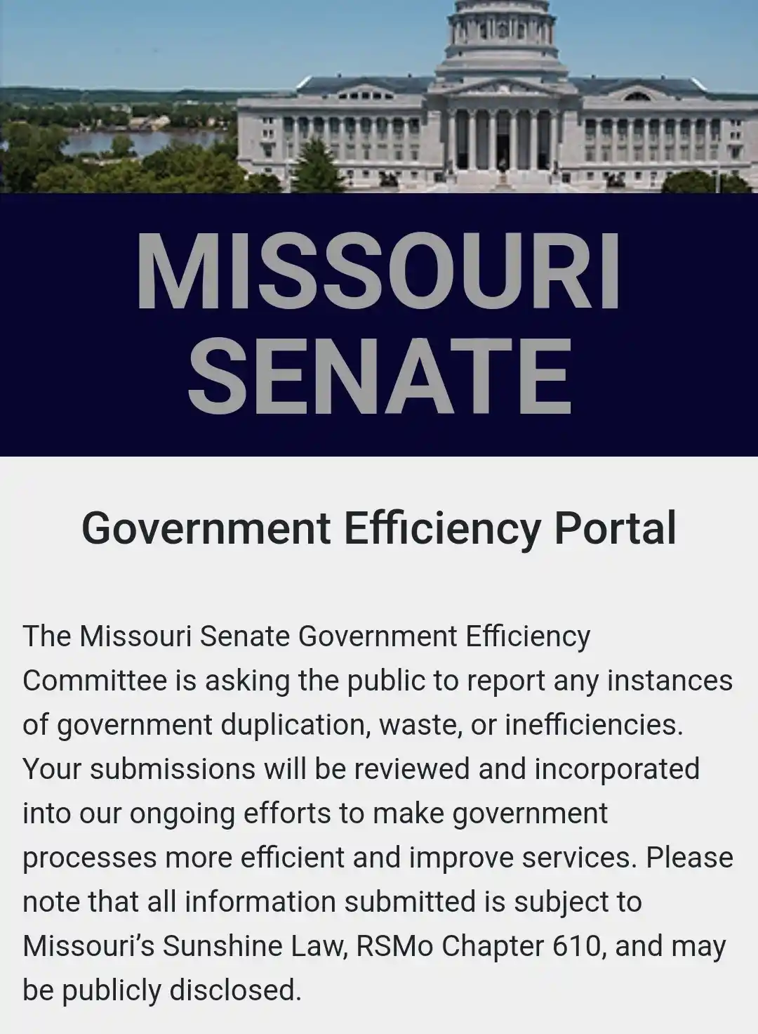The image displays a screenshot of a government webpage titled 'Government Efficiency Portal' under the 'MISSOURI SENATE'…