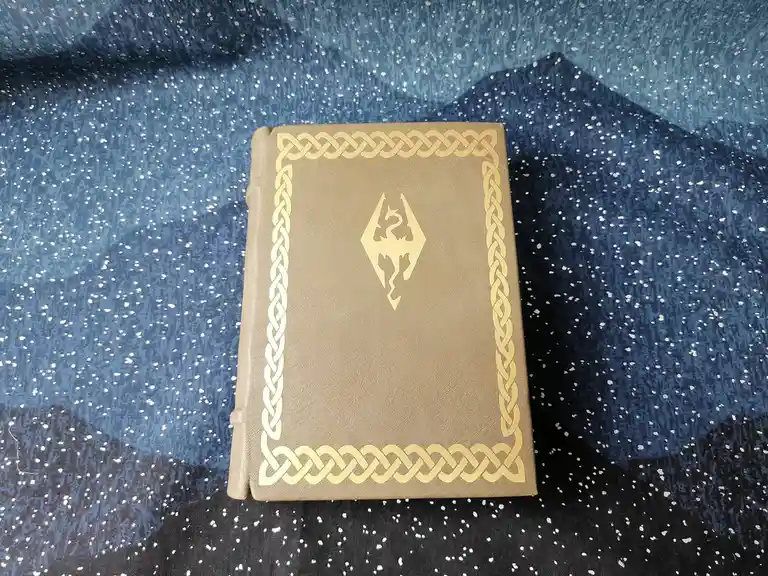 A tan leather-bound book with a gold braided border and a dragon emblem sits on a blue and black speckled fabric. The…
