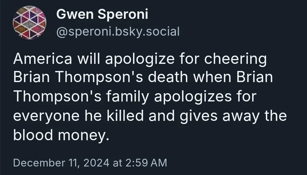 A screenshot of a social media post by Gwen Speroni on a dark background, displaying white text that reads: 'America will…