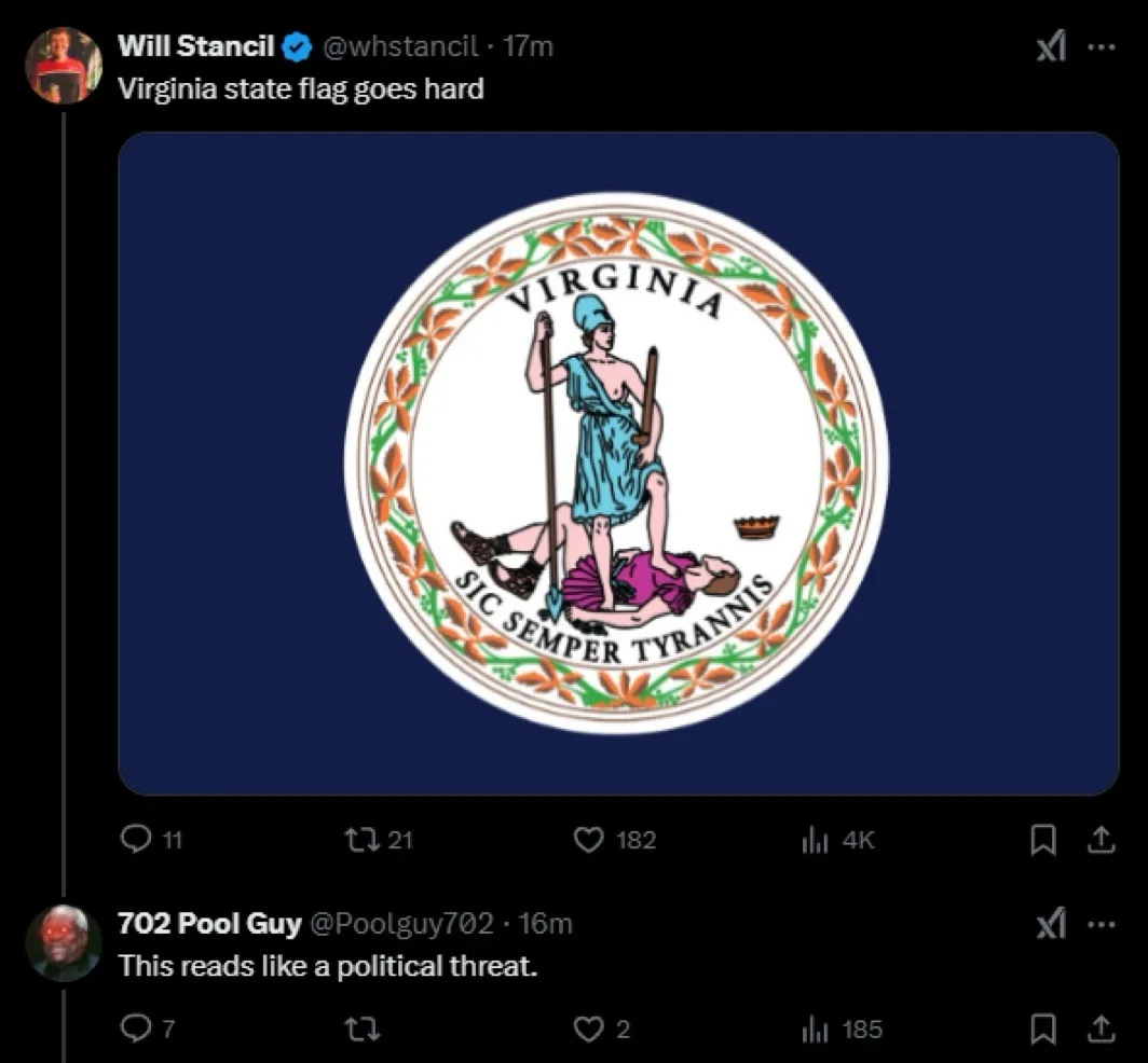 The image displays the Virginia state flag, which features a central seal depicting a classical figure in a blue toga…