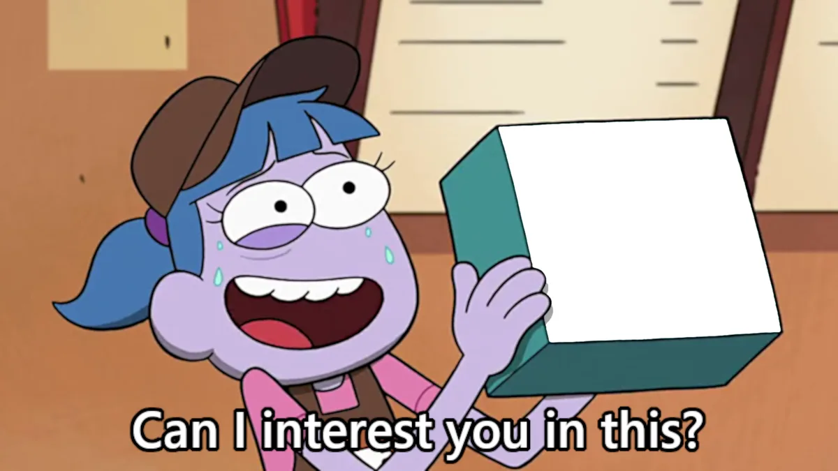 A purple-skinned cartoon girl with blue hair in pigtails and a brown hat holds up a black box with a green border, her eyes…