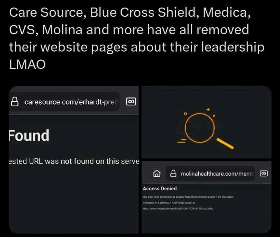 The image displays two browser screenshots showing error pages: one for 'caresource.com/erhardt-preit' with 'Found' and…