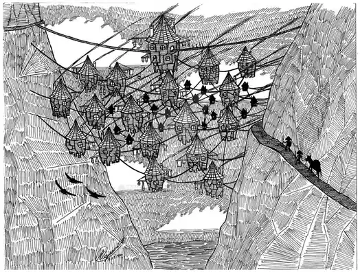 A black-and-white line drawing depicts a village of conical, spiderweb-like houses suspended by ropes across a deep canyon…