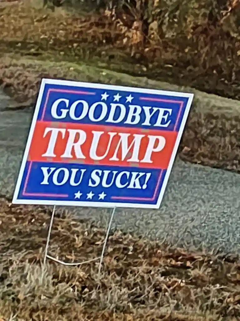 A yard sign with a red, white, and blue patriotic design is stuck in dry grass next to a stone wall. The sign reads 'GOODBYE…