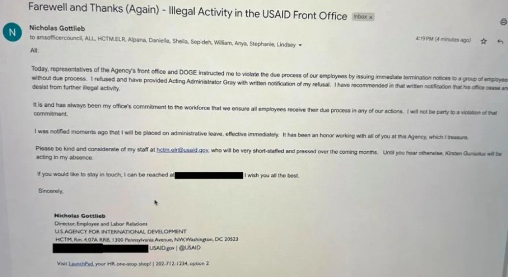 A screenshot of an email from Nicholas Gottlieb, Director of Employee and Labor Relations at USAID, titled 'Farewell and…
