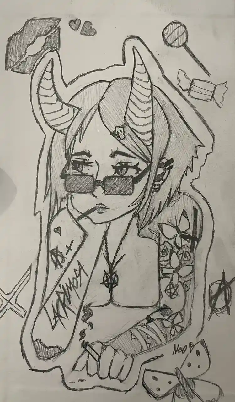 A pencil sketch of an anime-style girl with devil horns, sunglasses, and extensive tattoos, holding a cigarette. Surrounding…