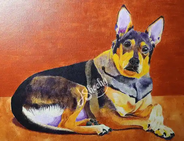 A stylized painting of a dog, likely a German Shepherd, lying down against an orange background. The dog has black, tan, and…