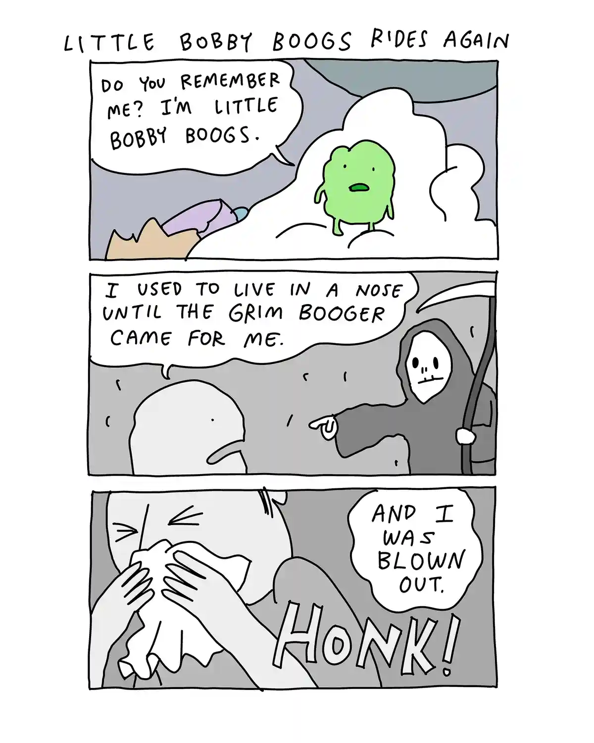 A three-panel comic strip featuring a green booger character named 'Little Bobby Boogs' who introduces himself and recounts…