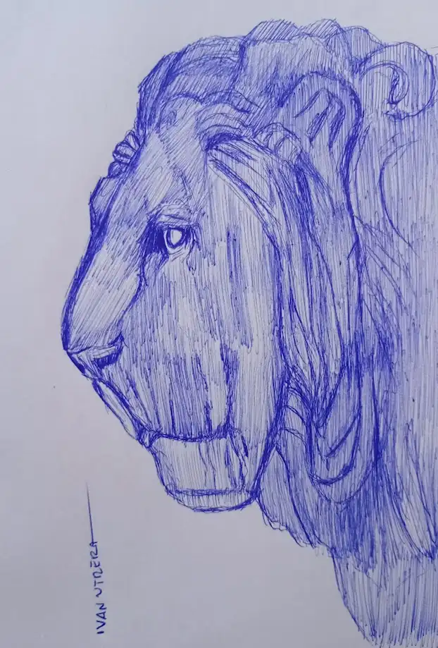 A blue ink sketch of a lion's head in profile, showing detailed fur texture and a calm expression. The artist's signature…