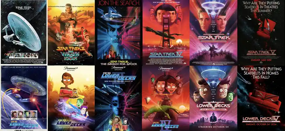 The image displays a grid of twelve posters: six classic Star Trek films (The Motion Picture, The Wrath of Khan, The Search…