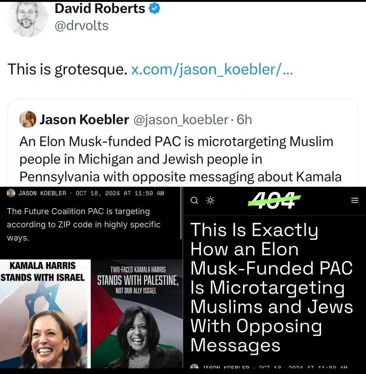 A screenshot of a Twitter thread by Jason Koebler shows two contrasting political ads targeting Kamala Harris—one with an…
