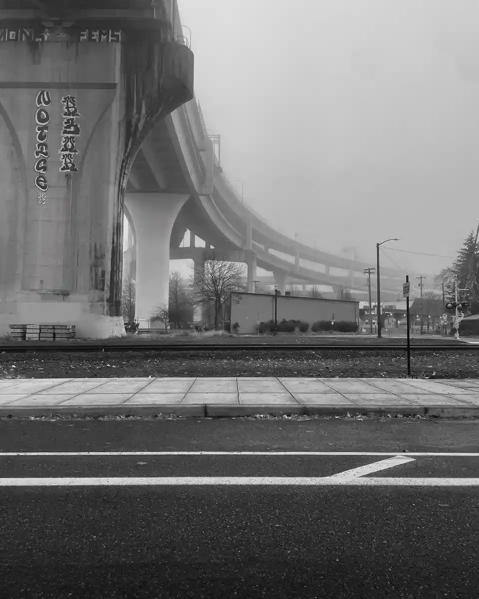 A black-and-white photo shows a foggy urban scene with a large concrete bridge overpass, train tracks, and a sidewalk…