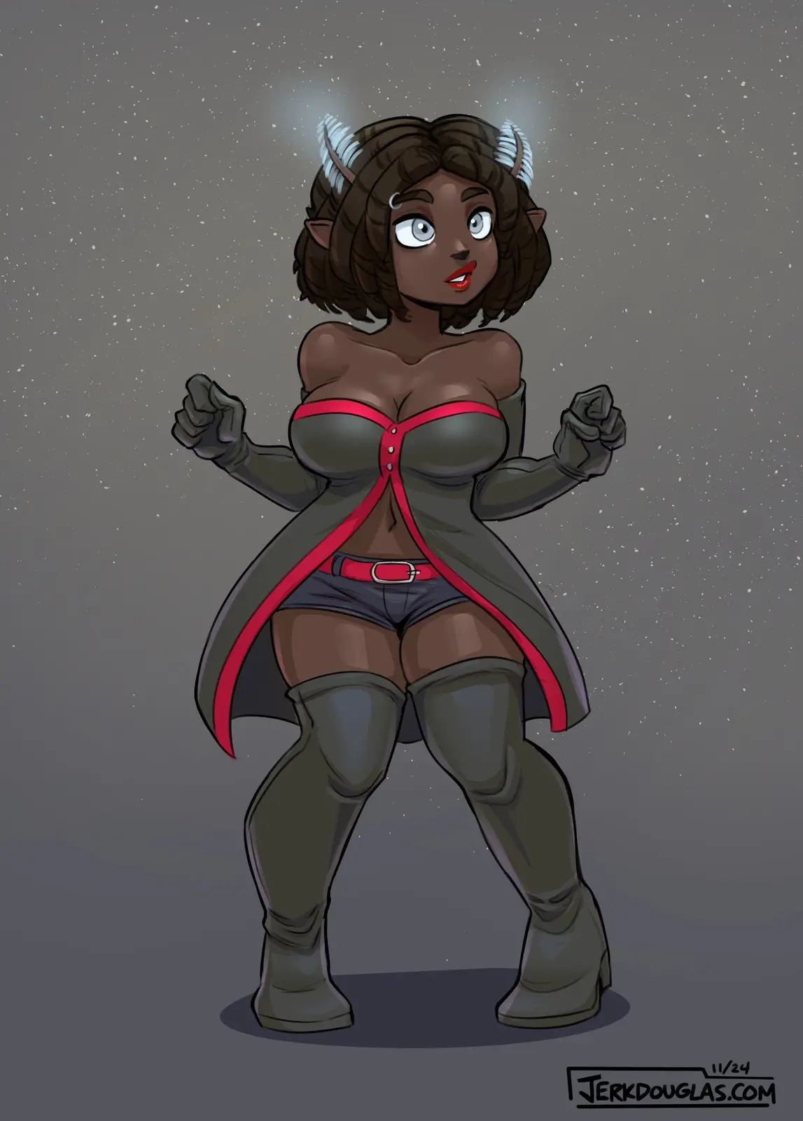 An anime-style illustration of a dark-skinned woman with short brown hair, small horns, and pointed ears, wearing a grey…