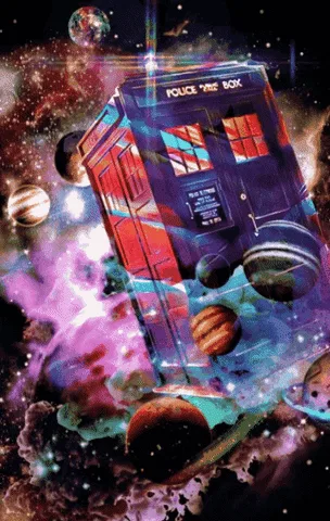 The image displays a repeating pattern of a blue police box, known as the TARDIS from Doctor Who, floating in a colorful…