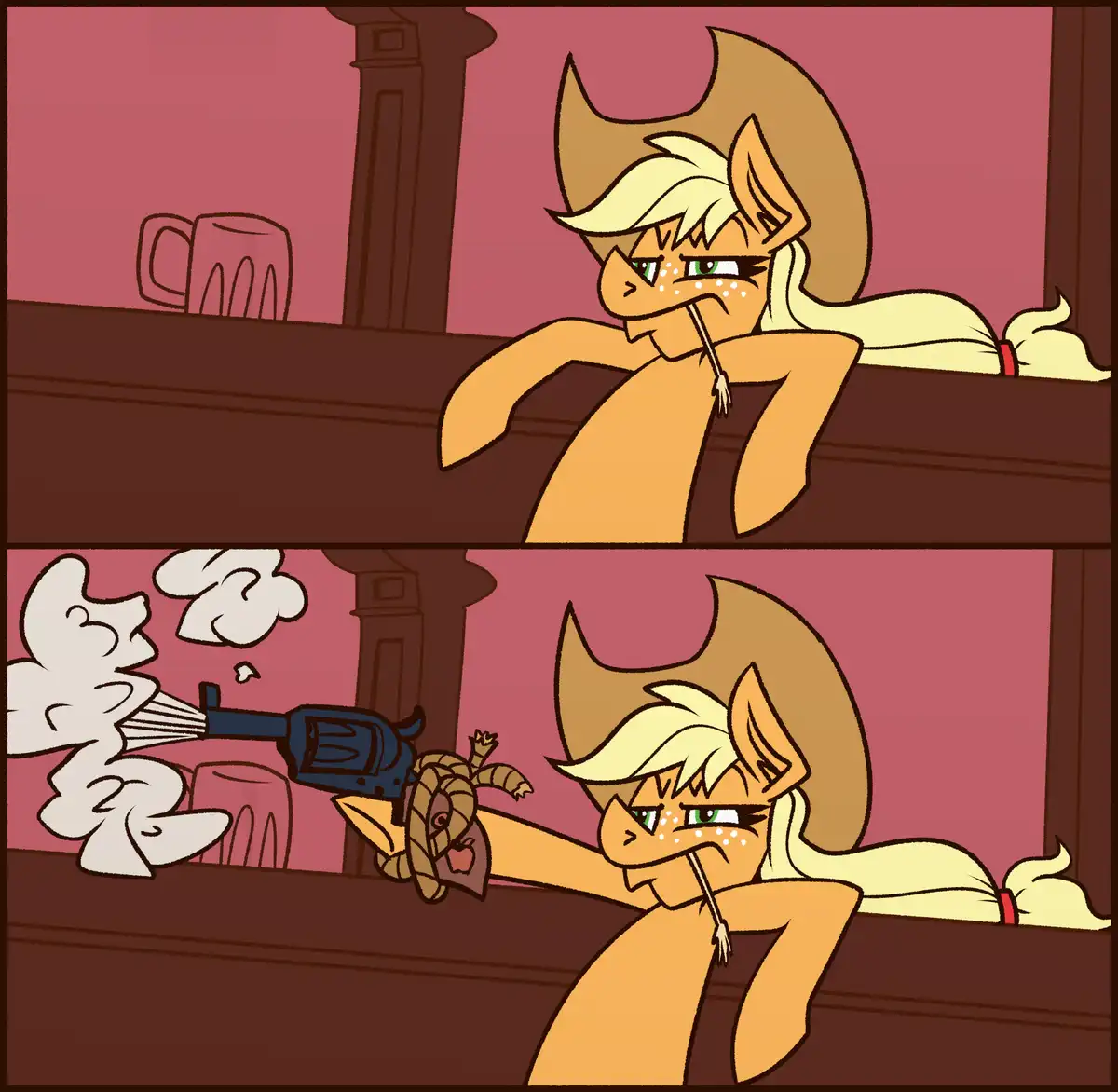 A two-panel comic shows Applejack, a blonde pony with green eyes, leaning on a bar in a relaxed pose while chewing on a…