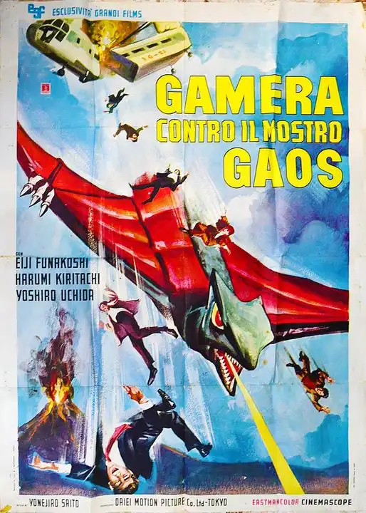 A vintage Italian movie poster for 'Gamera contro il mostro Gaos' depicts a giant red-winged monster with a green head and…