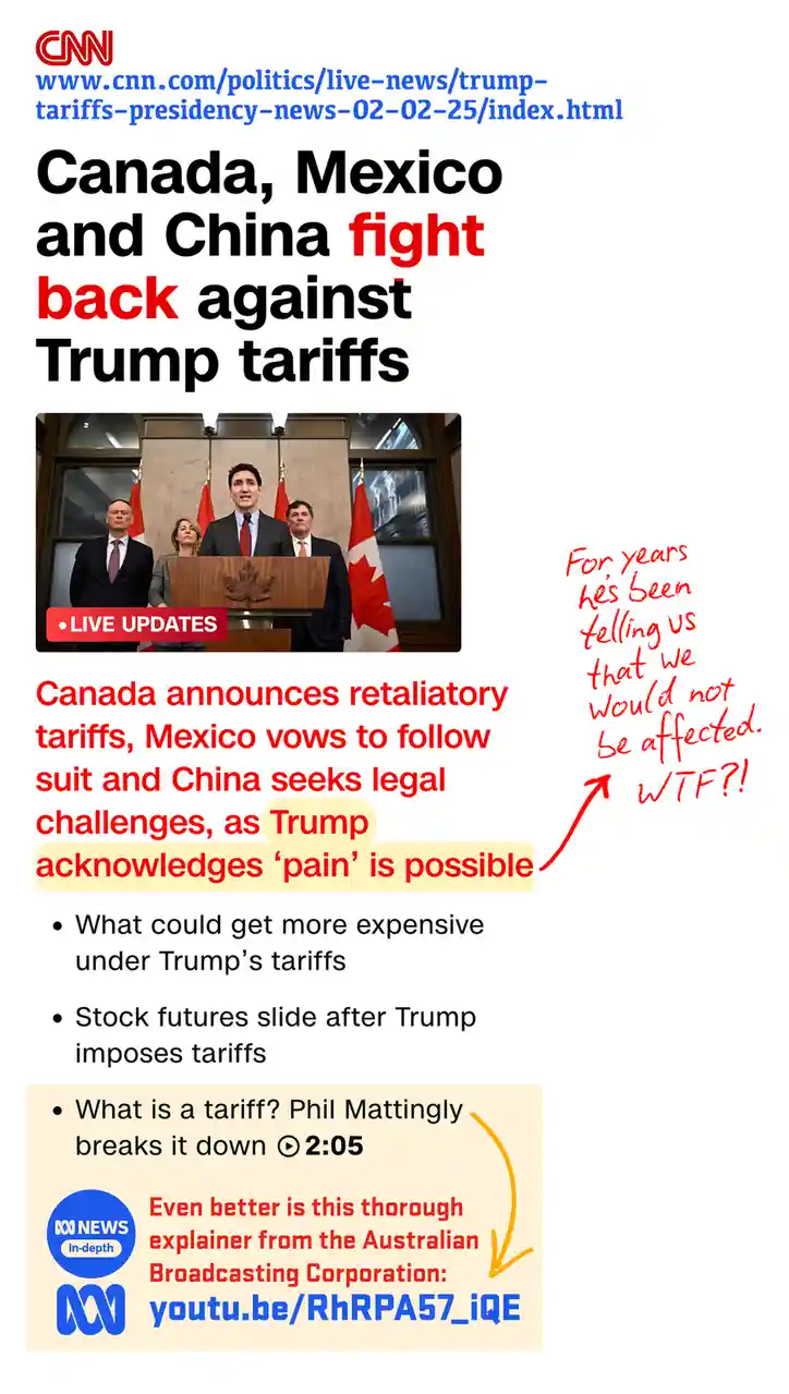 A screenshot of a CNN news article about Canada, Mexico, and China retaliating against Trump tariffs, featuring a photo of…