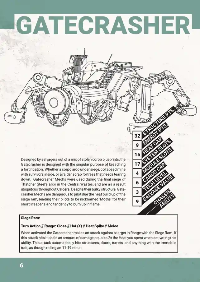 A black-and-white line art illustration of a heavily armored, four-legged mech named 'Gatecrasher' with stats like 32…