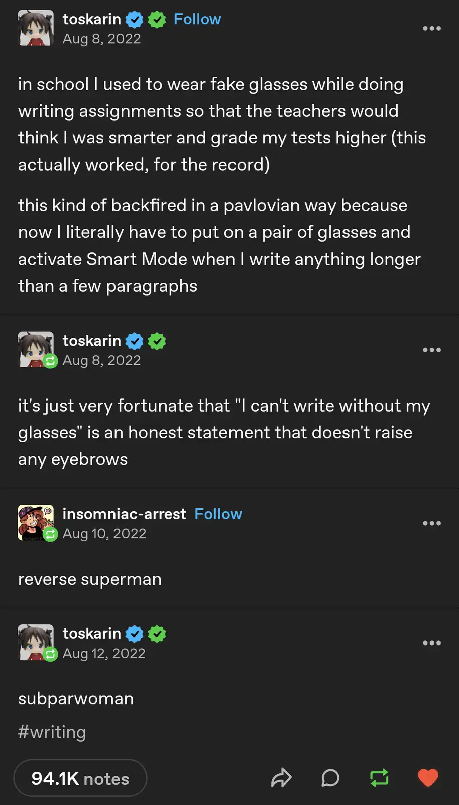 The image shows a Tumblr post by user 'toskarin' dated August 8, 2022, with white text on a dark background. The post…