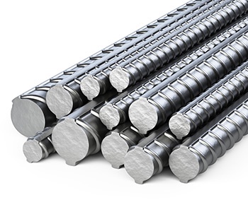 A close-up image of several steel reinforcing bars (rebar) arranged diagonally against a white background. The bars have a…