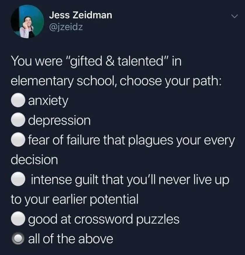 A screenshot of a tweet by Jess Zeidman (@jzeidz) showing a mock-choice menu where the user was labeled 'gifted & talented'…