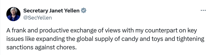 A screenshot of a tweet from Secretary Janet Yellen's official account, showing her profile picture and a tweet that reads…