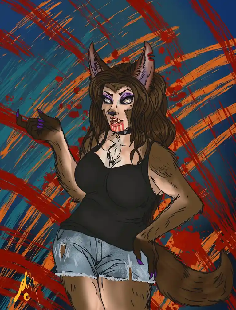 A stylized illustration of a female werewolf with brown fur, pointed ears, and a bushy tail, wearing a black tank top and…