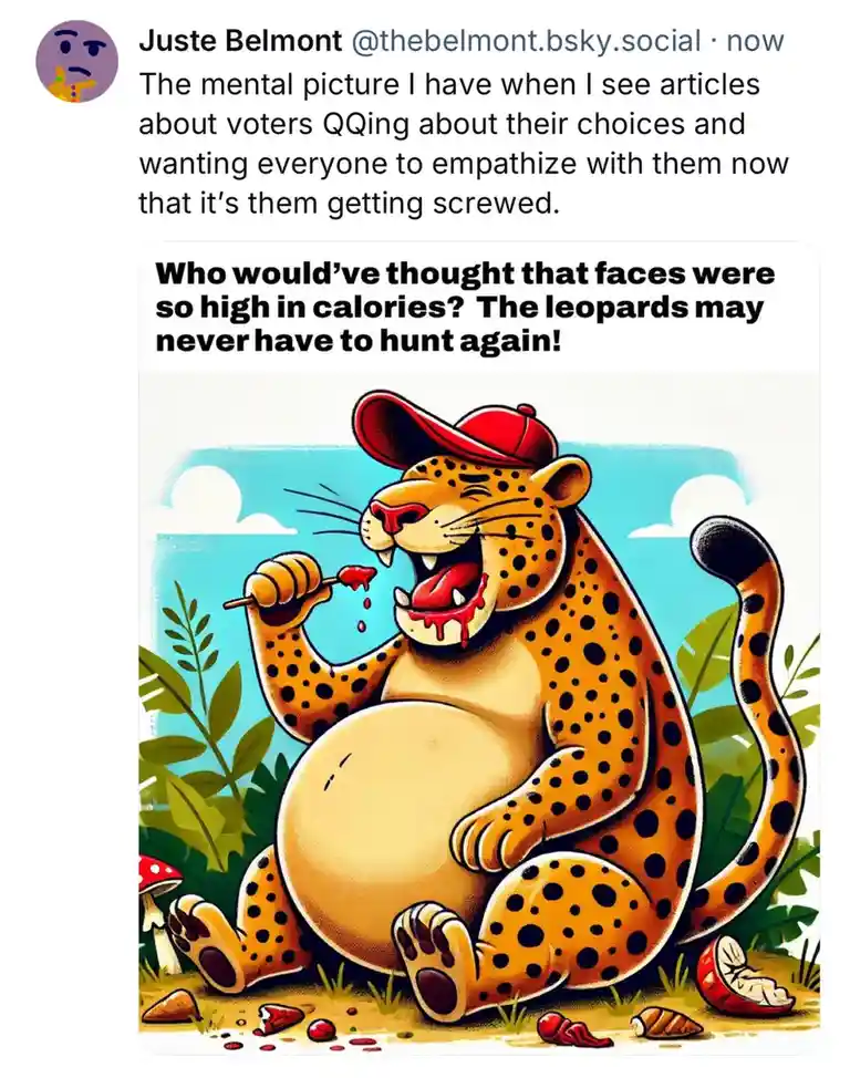 A cartoon leopard wearing a red baseball cap is depicted as extremely overweight, sitting in a jungle setting and happily…