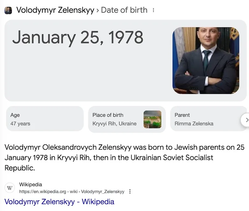 A screenshot of a Wikipedia-style biography page for Volodymyr Zelenskyy, showing his birth date as January 25, 1978…