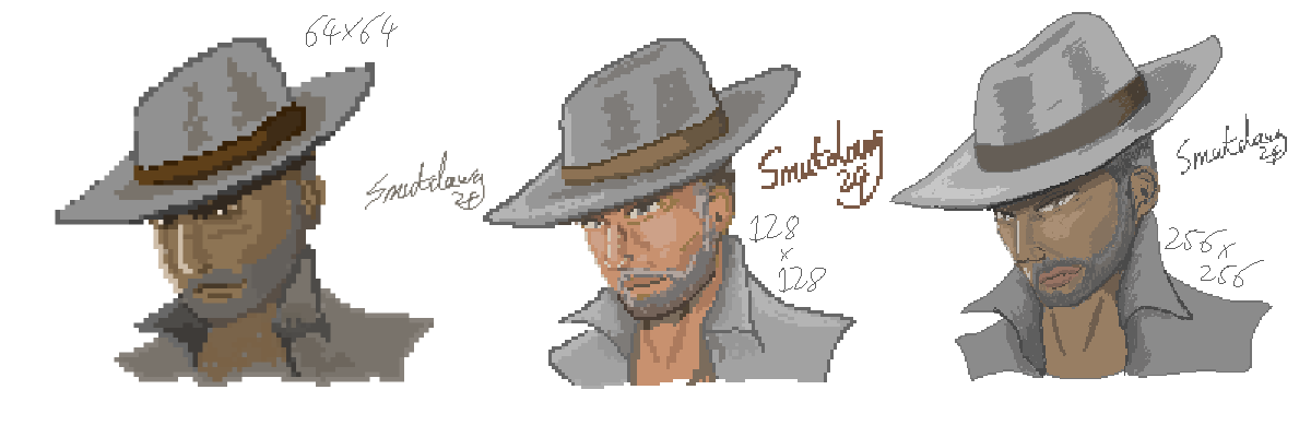 Three pixel art portraits of a man in a fedora and jacket, each progressively larger and more detailed, with dimensions…